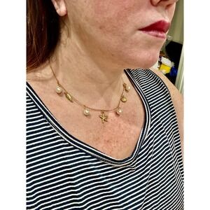 Gold Tone Beach Charm Necklace‎ with Pearls Starfish Seashell Leaf 18in